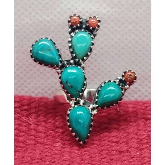 Southwest Sterling Silver Prickly Pear Cactus Ring w/Turquoise & Coral Size 6 - Picture 2 of 7